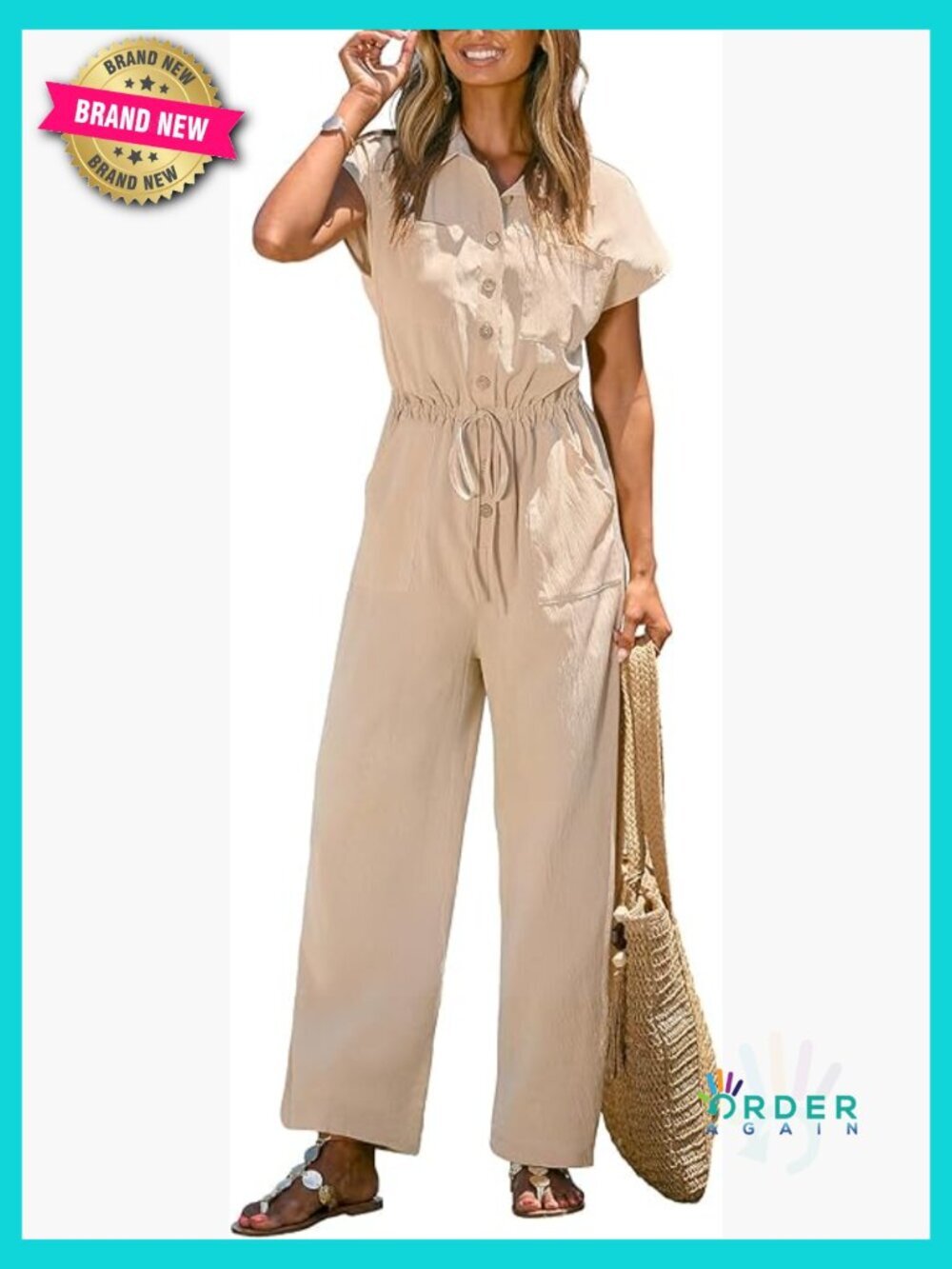 Summer Short Sleeve Wide Leg Jumpsuit with Pockets Casual Vacation Outfit